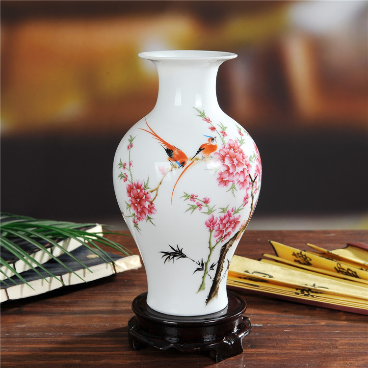 景德镇陶瓷彩绘水点桃花小花瓶