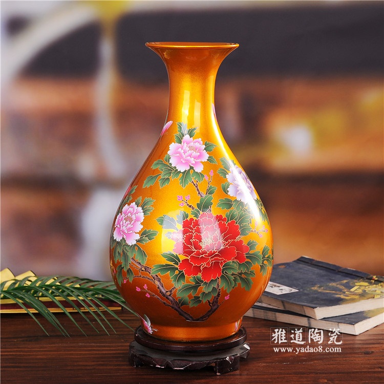 景德镇陶瓷高档水晶釉玉壶春陶瓷花瓶（金色）