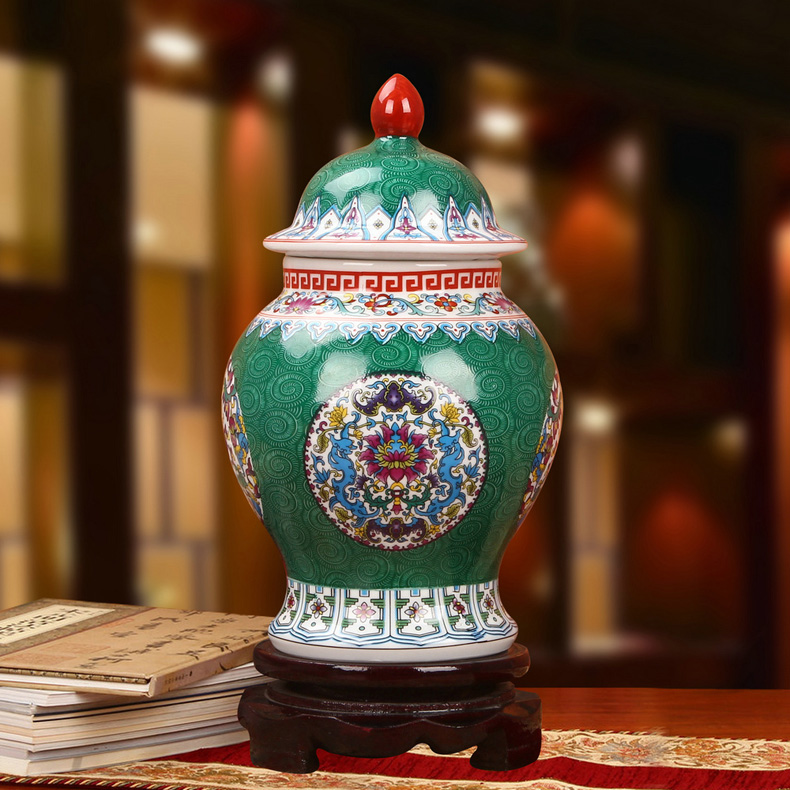 景德镇陶瓷珐琅彩将军罐工艺品摆件(绿色款)