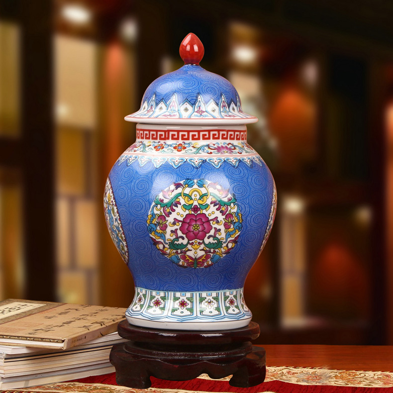 景德镇陶瓷珐琅彩将军罐工艺品摆件(蓝色款)