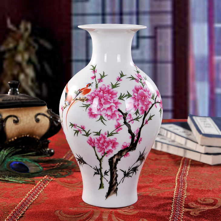 景德镇陶瓷水点桃花鱼尾瓶装饰花瓶
