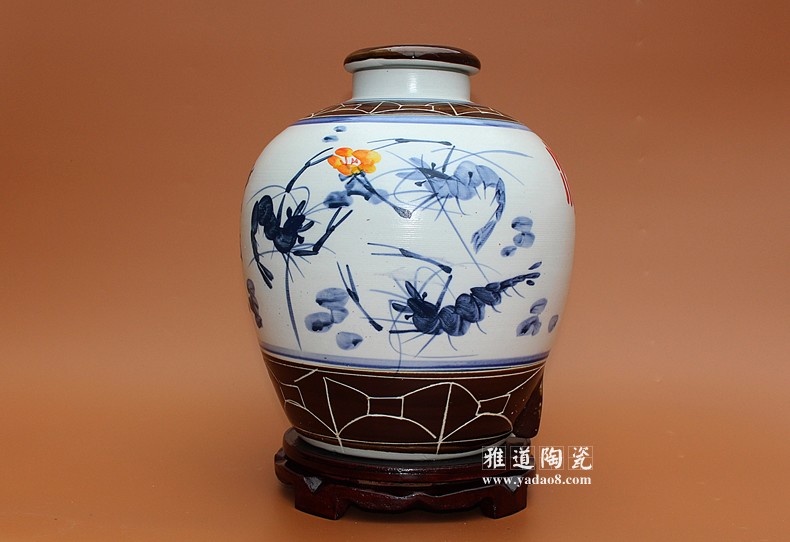 景德镇艺术陶瓷酒坛20斤手绘虾趣图