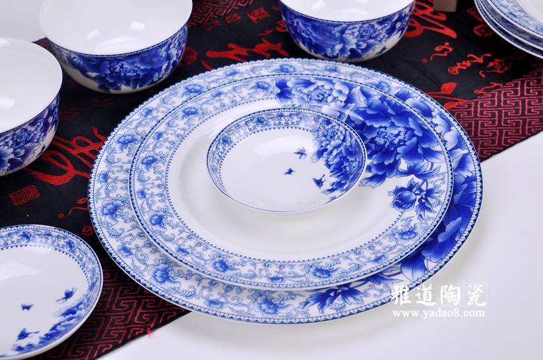 景德镇陶瓷蝴蝶牡丹中式56头餐具套装