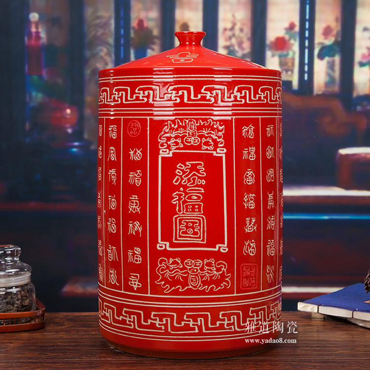 大红色陶瓷米坛-主图