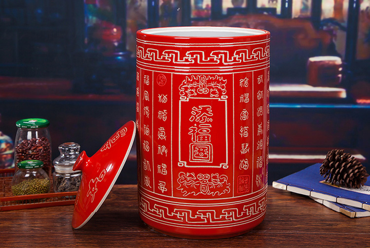 大红色陶瓷米坛-带盖图