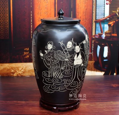陶瓷带盖米缸储米罐子-八仙庆寿