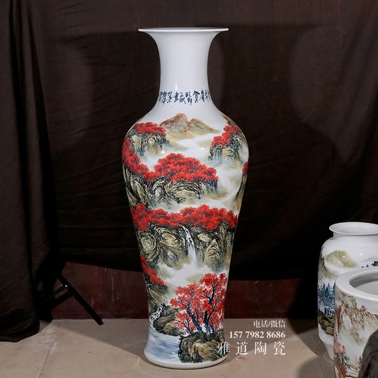 景德镇陶瓷手绘釉里红1米落地花瓶
