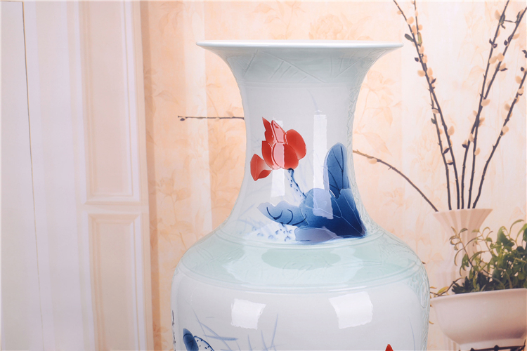 景德镇陶瓷手绘年年有余客厅大花瓶-瓶口