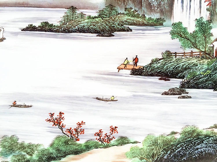 景德镇陶瓷手绘釉上彩山水风景瓷板画细节图