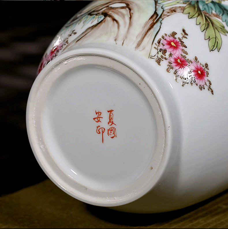 名家夏国安手绘客厅陶瓷花瓶鸟语花香-底款