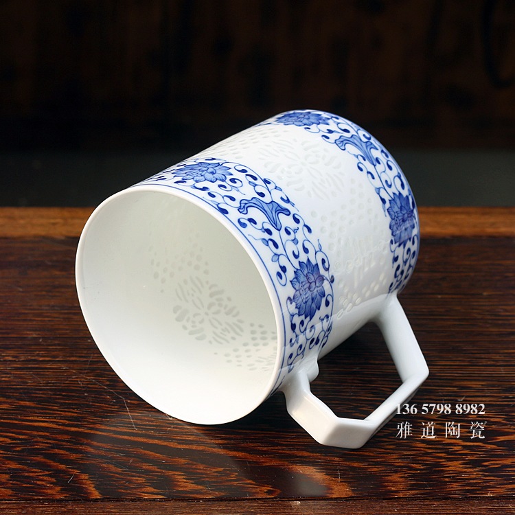 手绘青花玲珑高档陶瓷办公茶杯