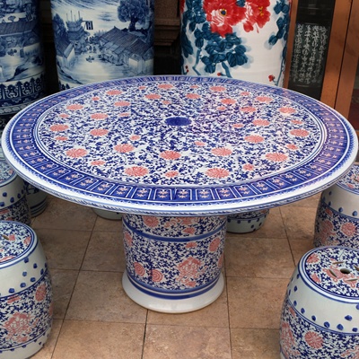 复古中式青花釉里红缠枝莲陶瓷桌凳