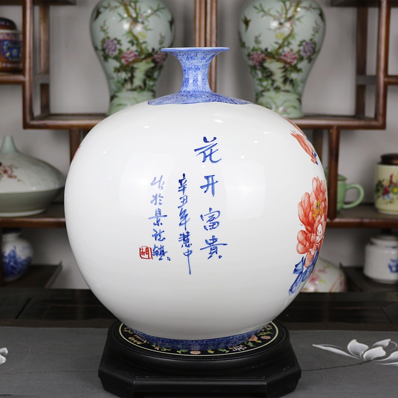 胡慧中手绘牡丹陶瓷花瓶（花开富贵）(图3)