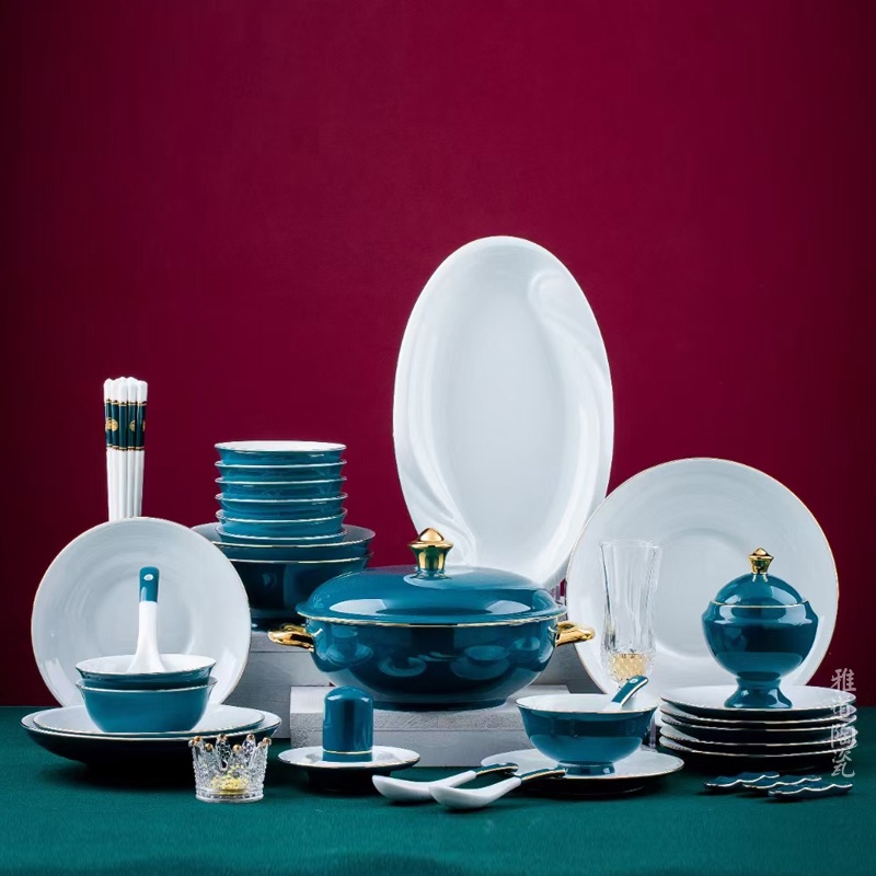 景德镇双色釉高档陶瓷餐具套装（绿如蓝）(图1)