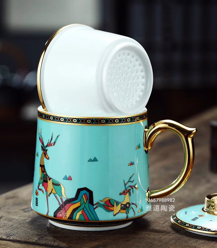 景德镇陶瓷泡茶杯带盖茶水分离会议杯