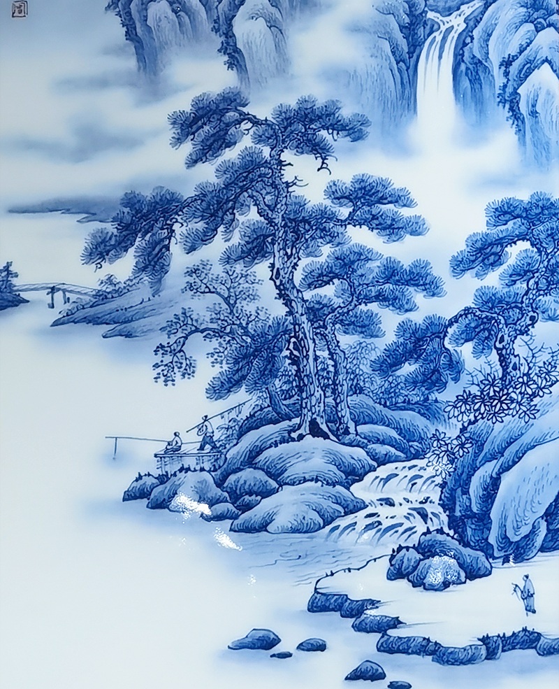 瓷板画手绘青花山水瓷板画（松泉图）