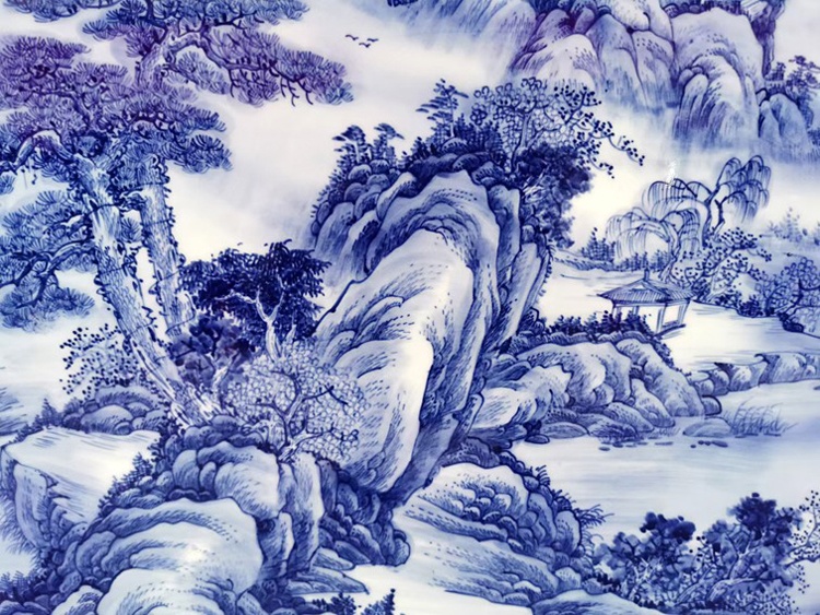 青花瓷山水瓷板画（湖光山色）